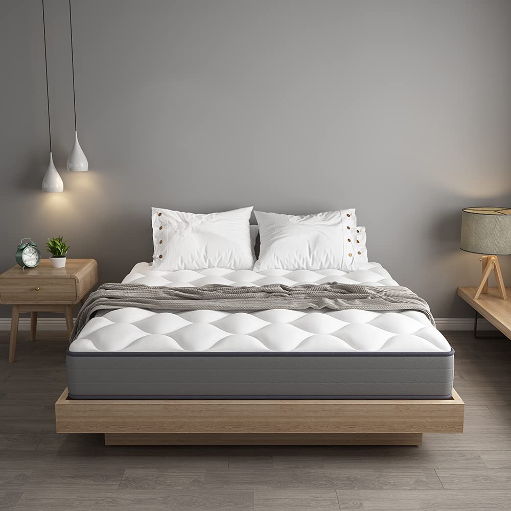DEWINNER Ensemble Composè:Matelas a Memoire de Forme en Mousse et Ressorts 140x190x20 cm Épaisseur Matelas+Sommier à Lattes sur Pieds-7 Pieds Inclus