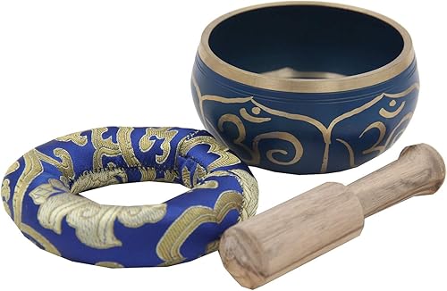 Miniatura 3 de DharmaObjects Juego de cuencos tibetanos OM MANI con mazo, cojín de brocado y bolsa de transporte para meditación, curación de chakras, oración,