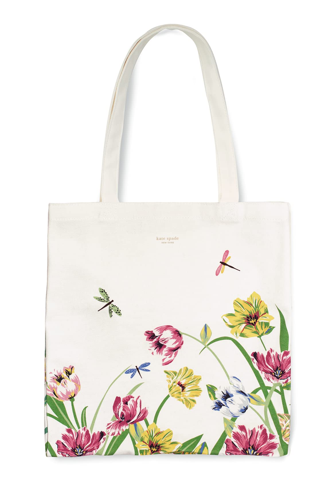 Canvas Tote Bag for Women, Cute Tote Bag for Work or Teacher, Canvas Beach Bag, Book Tote with Pocket, Dragonflies and Tulips