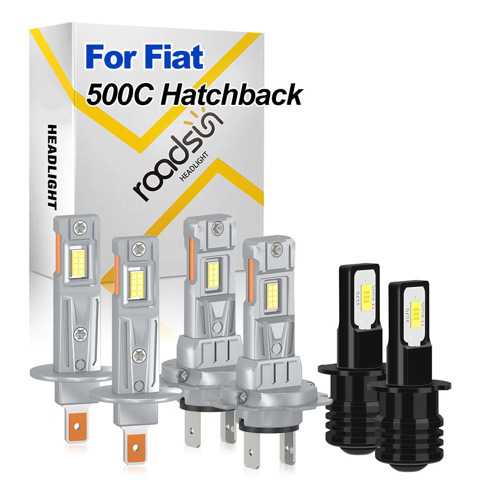 Kit di lampadine LED di facile installazione, 20000LM, 12V 6000K Bianco, Abblaglianti H1, Anabbaglianti H7, Fendinebbia H3, Fari LED per auto destrorse, For Fiat 500C Hatchback 2009-2014