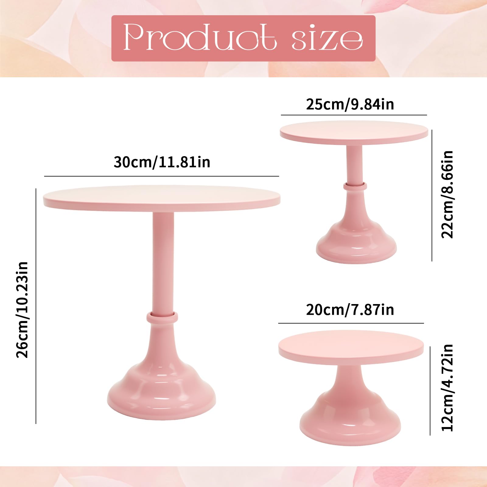 VIKKSAER Juego de 3 soportes para tartas rosas, soporte de exhibición de postres de metal de 8/10/12 pulgadas, adecuado para bodas, cumpleaños y fiestas