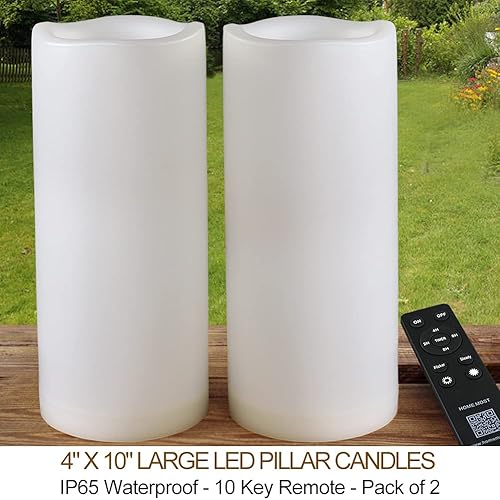 Miniatura 2 de Paquete de 2 velas LED blancas grandes para exteriores de 4 x 10 pulgadas, sin perfume, IP65, impermeables, sin llama, con control remoto y