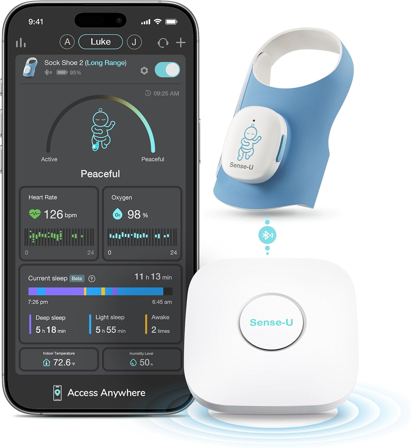 Sense-U Smart Sock Shoe 2 (Long Range) Baby Monitor with Access from Anywhere: Track Heart Rate, Sleep Patterns, with Transmissive PPG Foot Sensor
