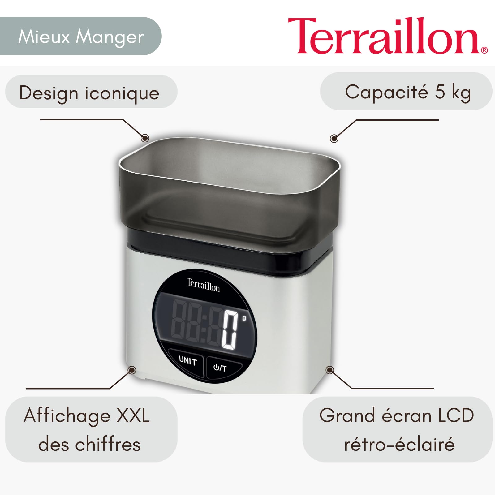 TERRAILLON - BA22 MYTHIQUE - Elektronische Küchenwaage, ikonisches und Retro-Design, integrierte Schüssel 0,7 l, großes LCD-Display, XXL-Ziffernanzeige, Tara-Funktion, Grau