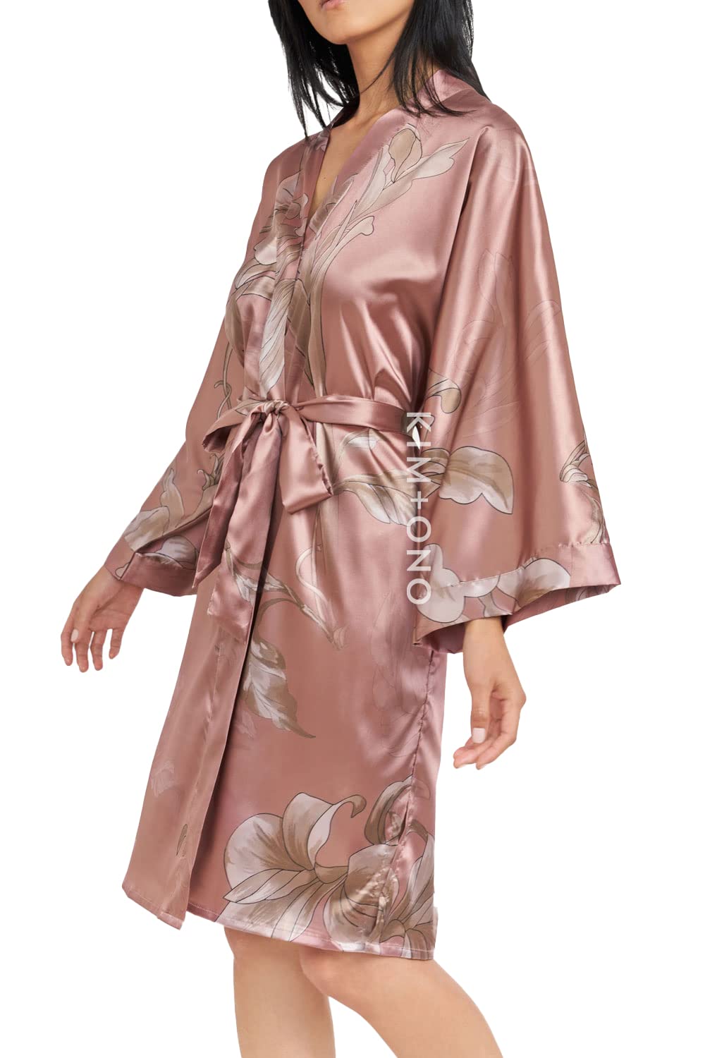 KIM ONO Luxury Kimono Robe for Women Short Satin Floral Robe Original Design Removable Waist Tie Closure