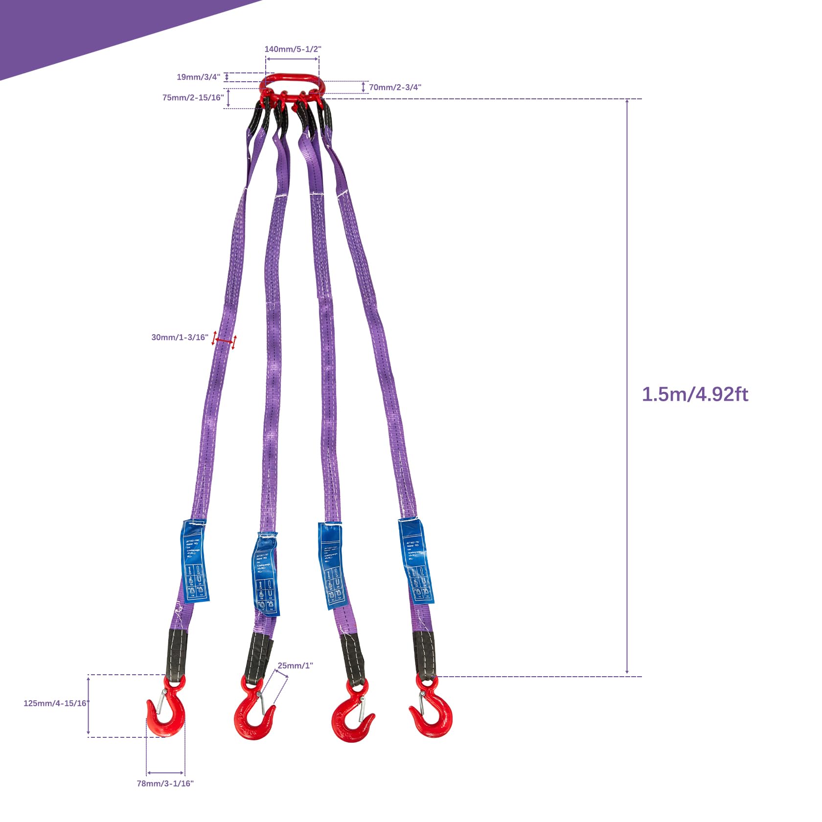 Pindex Cinghia di sollevamento a catena da 1,5 m 3t per sollevamento, cinghia in poliestere da 2998,2 kg con catena di sollevamento con gancio e regolatore, in lega di acciaio G80, 4 gambe, lunghezza