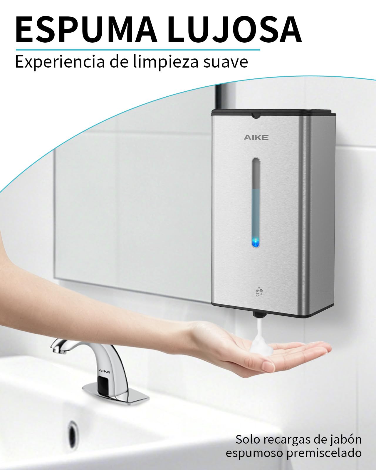 AIKE Dispensador De Jabón Espuma Automático, De Pared para Uso Comercial, 1000ML Acero Inoxidable para Jabón De Manos Espumoso, AK1207FA