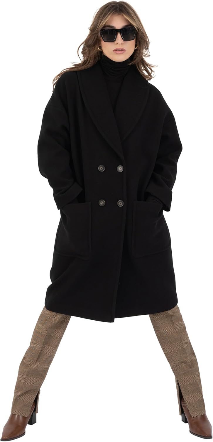 Nine West Women’s Faux Wool Double-Breasted Coat | 40 Inch Mid-Length, Oversized Lapel, Patch Pockets