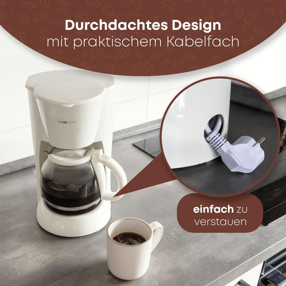 Clatronic KA 3473 Drip Coffee Maker showing integrated cable storage