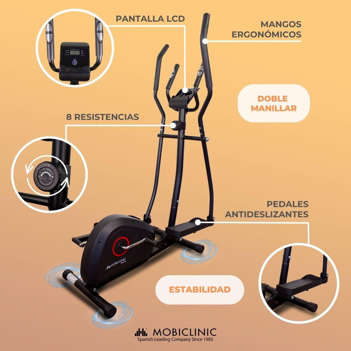 Mobiclinic, Bicicleta elíptica, 8 Niveles de Resistencia, Pantalla LCD, hasta 100 kgs, Modelo Atlas, Agarre Acolchado, Pedales Antideslizantes, Rueda 4kgs, Fitness en casa