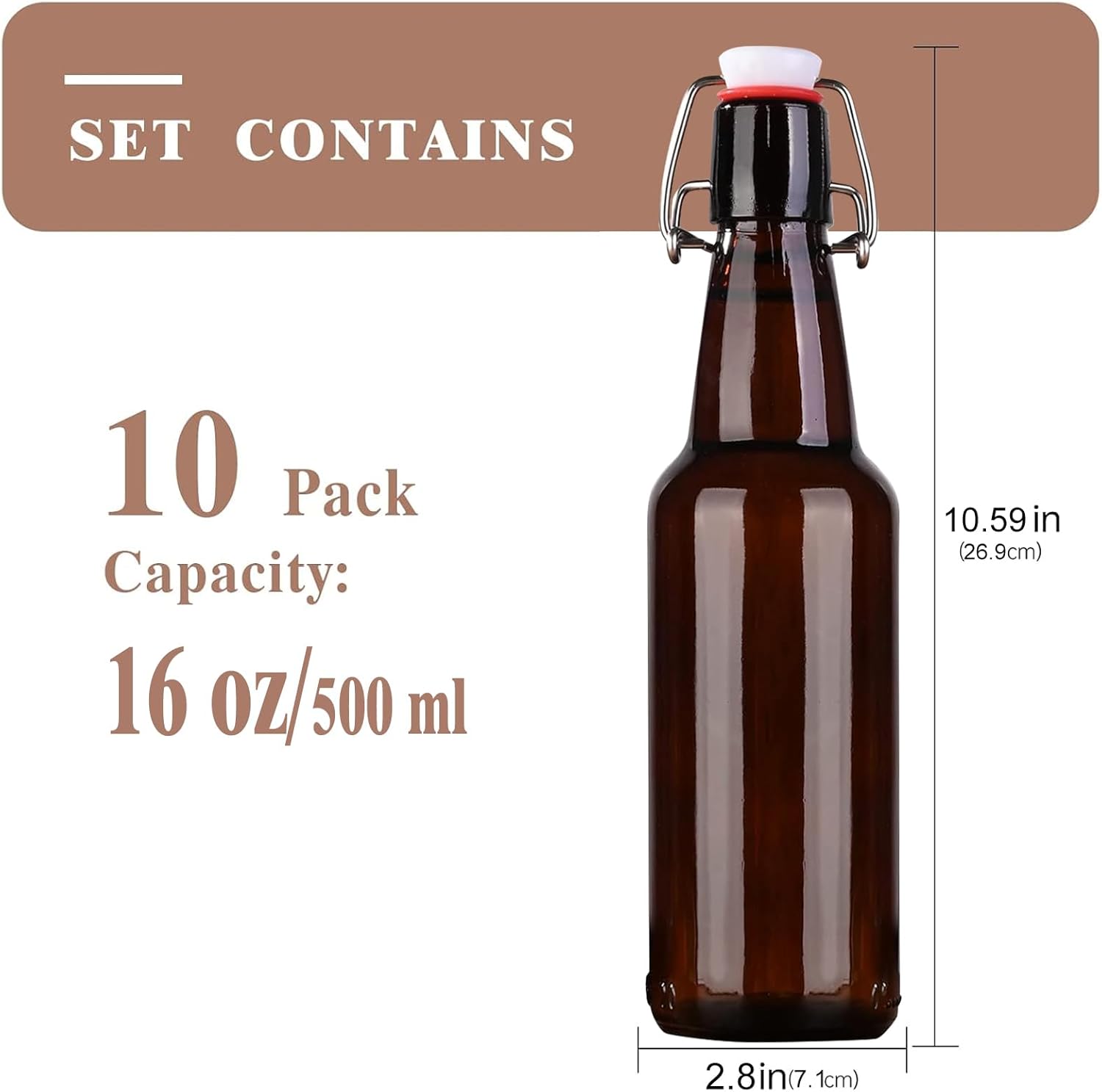 16.5oz Amber Swing Top Glass Bottles for Airtight Lids, Home Brewing and Fermentation Kombucha, Vanilla Extract, Beverage, Water, Kefir (10 Pack) - Image 3