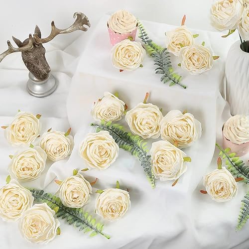 Miniatura 5 de IPOPU Rosas artificiales a granel, 25 unidades de rosas de seda blanca a granel, rosas falsas blancas a granel, flores para decoración de ramo