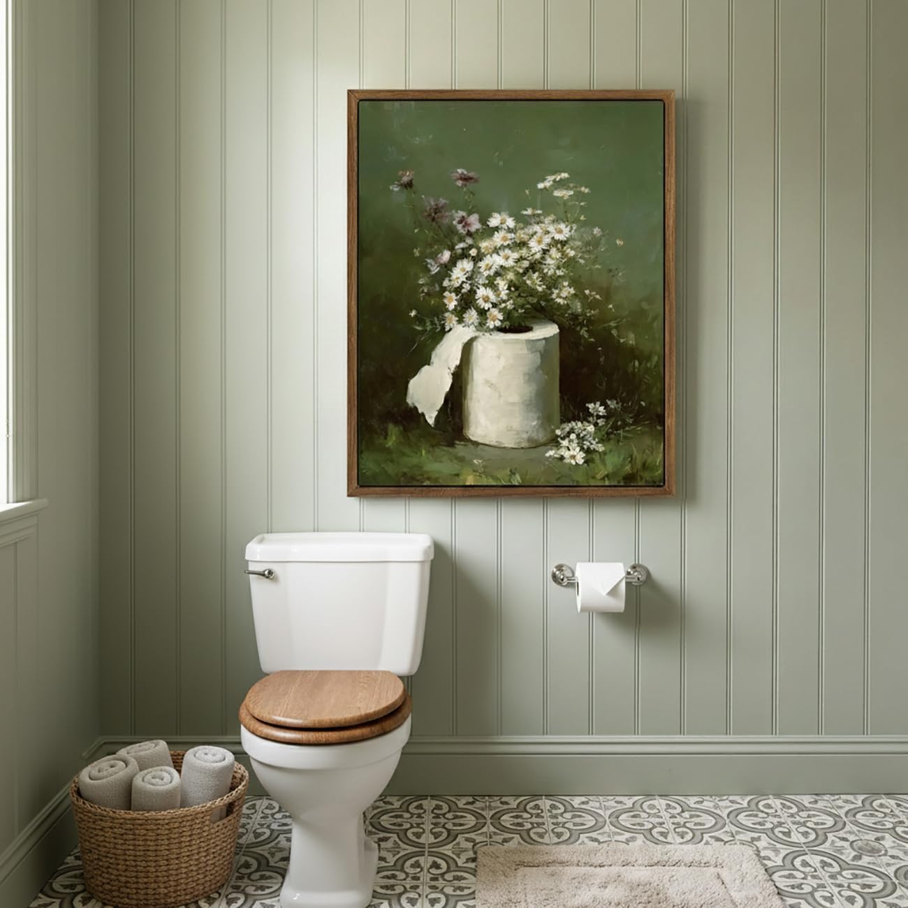 lianyibo Funny Bathroom Wall Art Vintage Toilet Paper Floral Canvas Print Rustic Farmhouse Moody Botanical Flower Painting Poster (70 x 100/wewnętrzna rama)