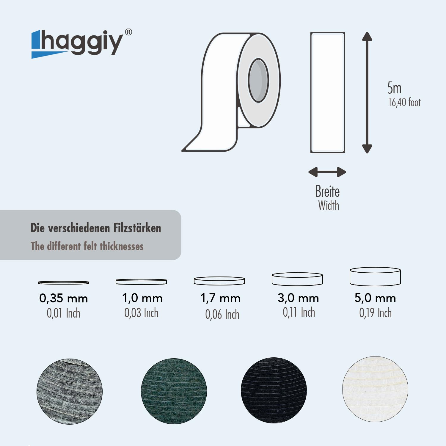 haggiy Cinta de Fieltro autoadhesiva – Rollo de Tiras de Fieltro Negro, 1,0 mm Grosor, 10 mm Ancho, 5 m Largo – Ideal como Deslizadores para Muebles y protección contra arañazos | Rollo de 5m, Uso versátil para Muebles y decoración, Almohadillas deslizant