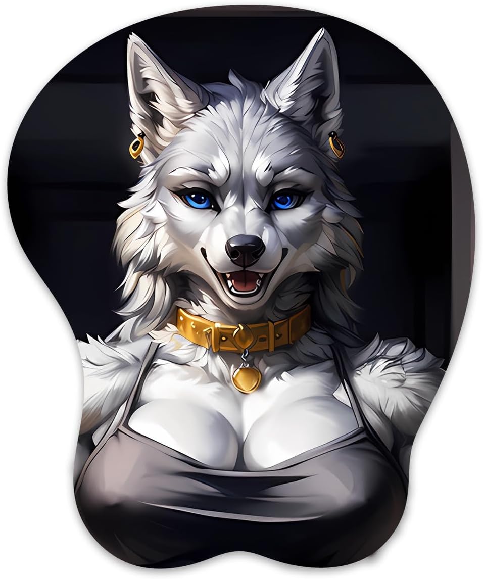 3D Mouse Pad Oppai Mousepad with Soft Gel Wrist Rest Anime Manga Gaming Boob pad Anti-Slip Mouse Mat (wolfgirl)