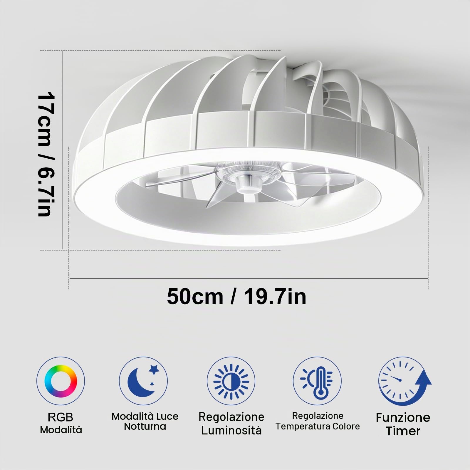 Ventilatore da Soffitto RGB Dimmerabile a LED | Bambino Cameretta Lampadario Ventilatore Reversibile con Telecomando, 6 Velocità Lampadario Per Camera Da Letto-White