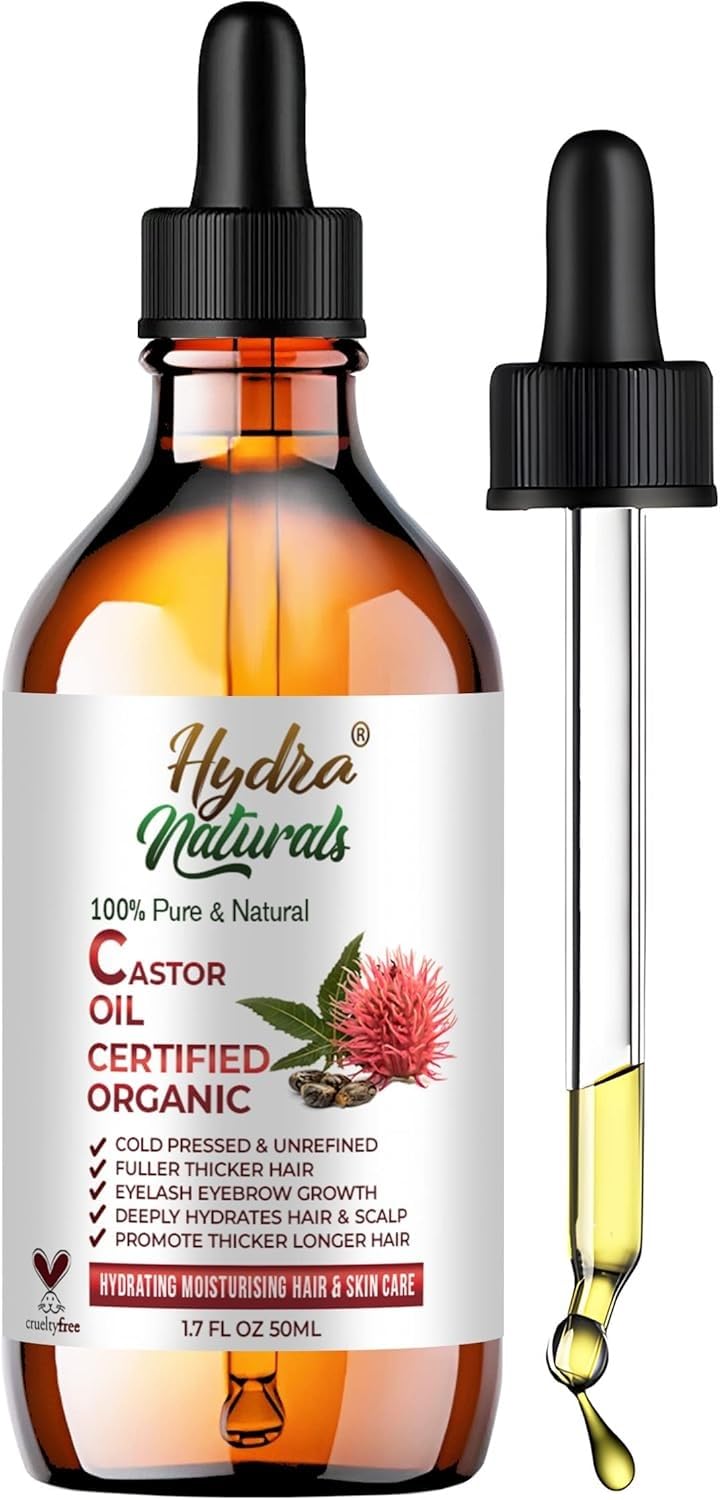 Hydra Naturals 100% Pure - Cold Pressed, Premium Quality, Organic Castor Oil 50ml - Promotes Hair, Eyebrow and Eyelash Growth - Diminishes Wrinkles and Signs of Aging - Hydrates and Nourishes Skin