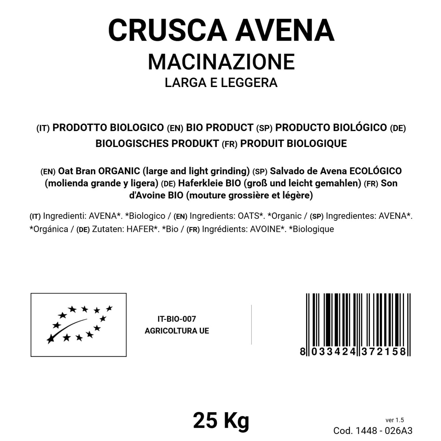 BONGIOVANNI FARINE E BONTA' NATURALI Crusca d'Avena 25Kg BIO (macinazione larga e leggera)