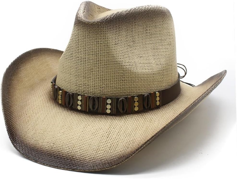 Western Cowboy Hat with Decorative Band, Beige Straw, Wide Brim