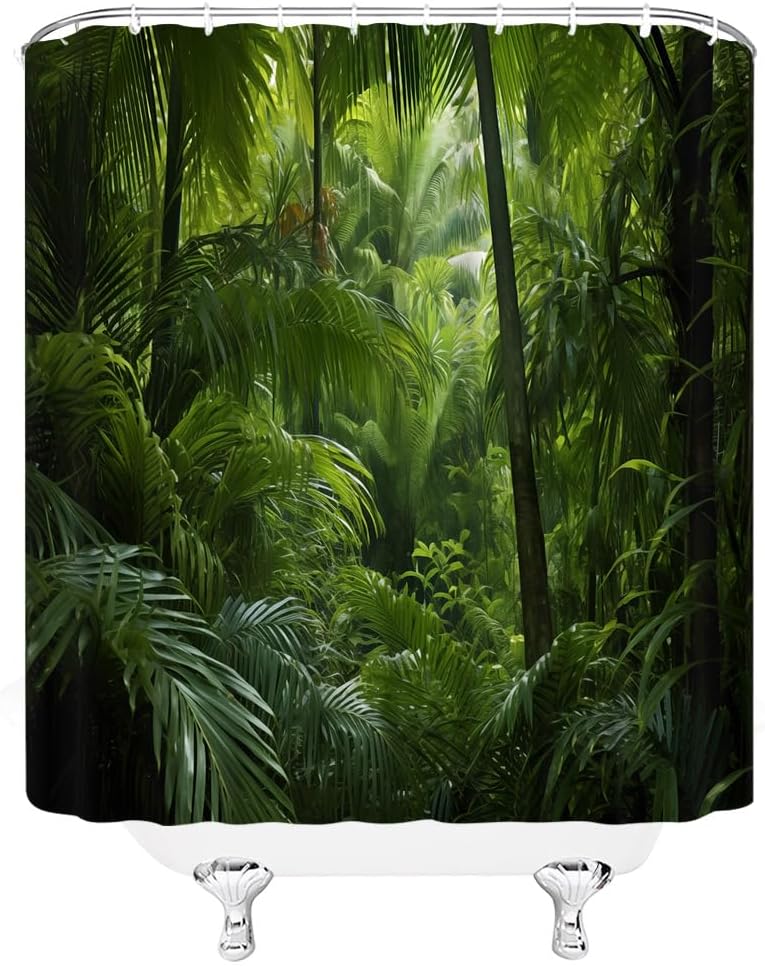 Rainforest Shower Curtain Tropical Jungle Forest Green Palm Tree Leaves Nature Landscape Scenery Fabric Bathroom Decor with Hooks(70" Wx84 H)