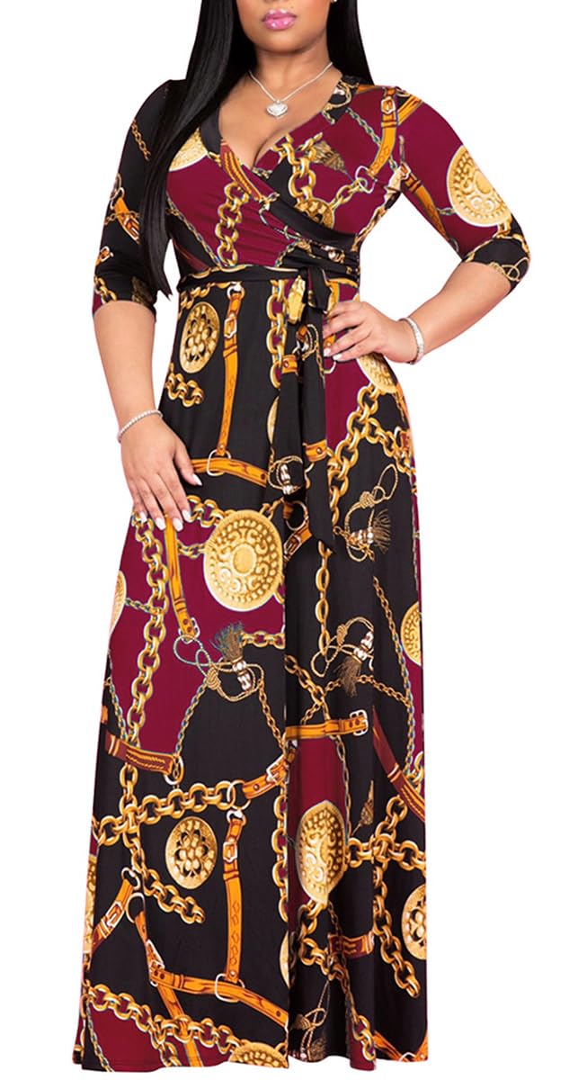 BFFBABY Women's Wrap V Neck Plus Size Maxi Dresses 3/4 Sleeves Chain Floral Printed Swing Dress with Belt