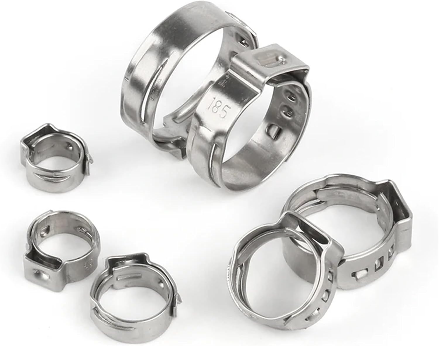 45/80/100/140pcs Single Ear Stepless Hose Clamps 7-23.5mm 304 Stainless Steel Hose Clamps Cinch Clamps Rings for Sealing Kinds(140PCS 7-21mm)