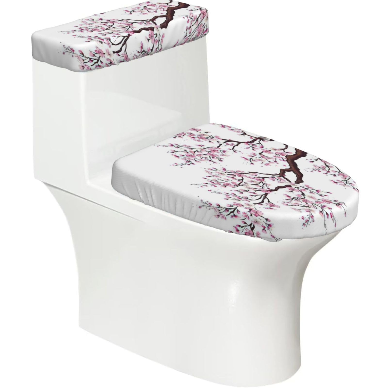 Cherry Blossoms Tree Print Stretch Toilet Covers Set, Polyester Covers Replacement For Fits Most Size Lids Bathroom Decor