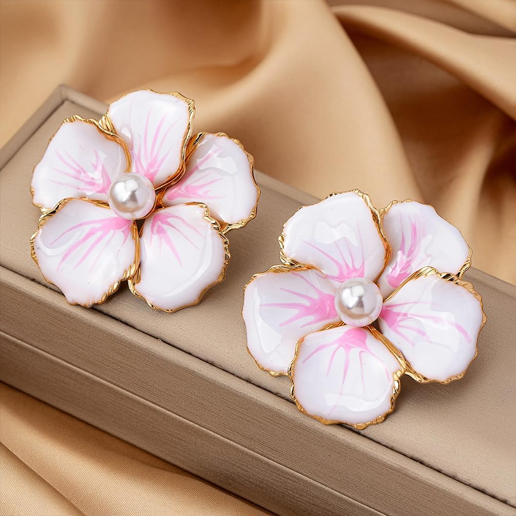 Exquisite White Enamel Flower Pearl Stud Earrings for Women, Boho Dainty Gold Large Floral Petal Earring Fashion Y2K Party Holiday Jewelry Accessories - Image 4