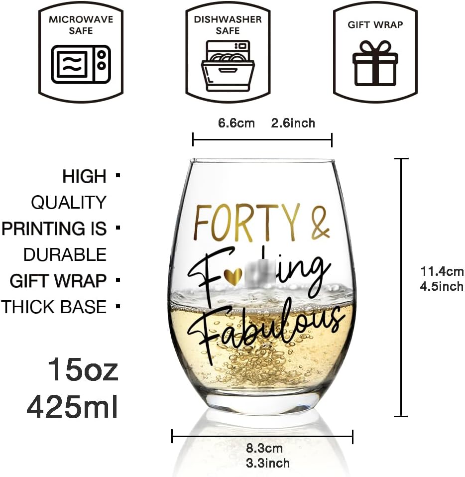 40th Birthday Wine Glass Gifts for Grandma Mom Wife Parents Women Her, Unique 40 Year Old Gifts from Husband Kids, Forty & Fabulous Wine Glass 15oz - Image 4