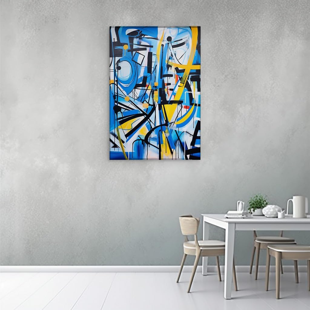Canvas for Living room. Exploring the Vivid Chaos: A Dance of Blue, Black, and Yellow in Abstract Artistry, 27 x 18 inch Canvas Wall Art - Modernist Expressions - Modern Home Decor