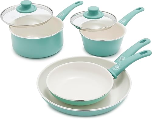 GreenLife Soft Grip, juego de cerámica antiadherente saludable, sartenes de 7 y 10 pulgadas, cacerolas de 1 cuarto y 2 cuartos con tapas, sin PFAS y