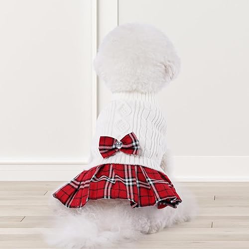 Miniatura 7 de YUDODO Vestido suéter para perros pequeños con corbatín de cuello alto, vestido de punto para perro, ropa de invierno para mascotas, suéter cálido