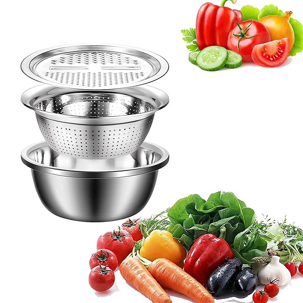 Zinley 3 in 1 Kitchen Multipurpose Kitchen Stainless Steel Bowl, Drain Basket, Julienne Graters for Vegetable Cutter,Vegetable