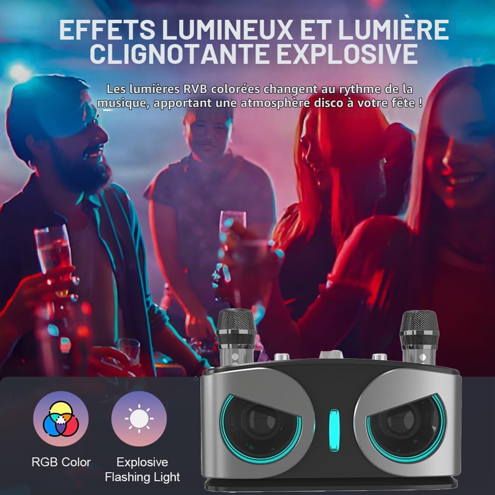 Machine de Karaoké avec 2 Microphones,Enceinte Karaoke 2 Micro Sans Fil pour Adultes Enfants,Portable Baffle Bluetooth Partybox avec Lumières Disco pour Les Réunions de Famille/Le Camping en Plein Air