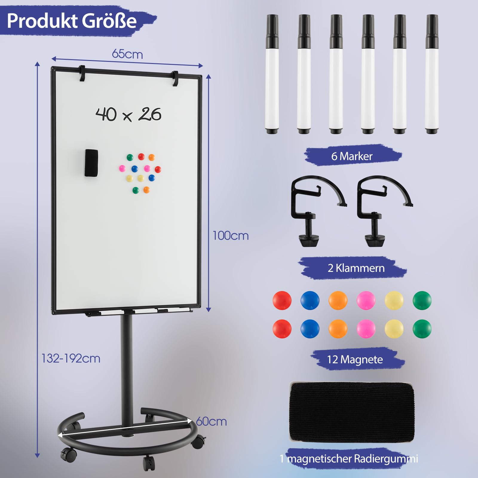 GOPLUS Flipchart Ständer, 100 x 65cm mobiles Whiteboard auf Rollen, Trocken asbwischbar, Flipcharts Whiteboard höhenverstellbar mit Rundfuß, Haken, Marker, Magneten, Papier, Radiergummi (Schwarz)