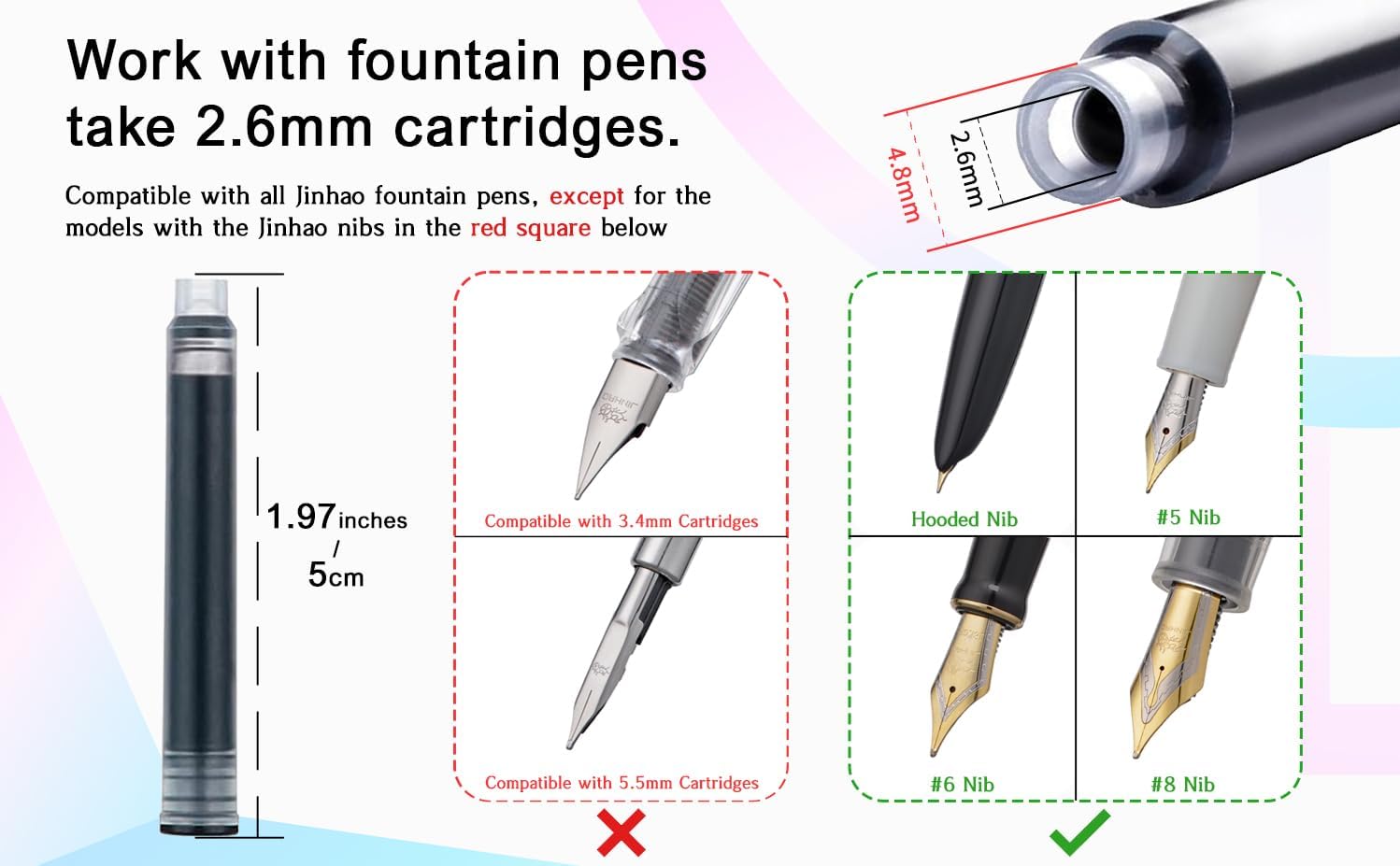 Jinhao Fountain Pen Green Ink Cartridge International Standard 2.6mm Bore Diameter Ink Refill Set of 30 PCS image 5