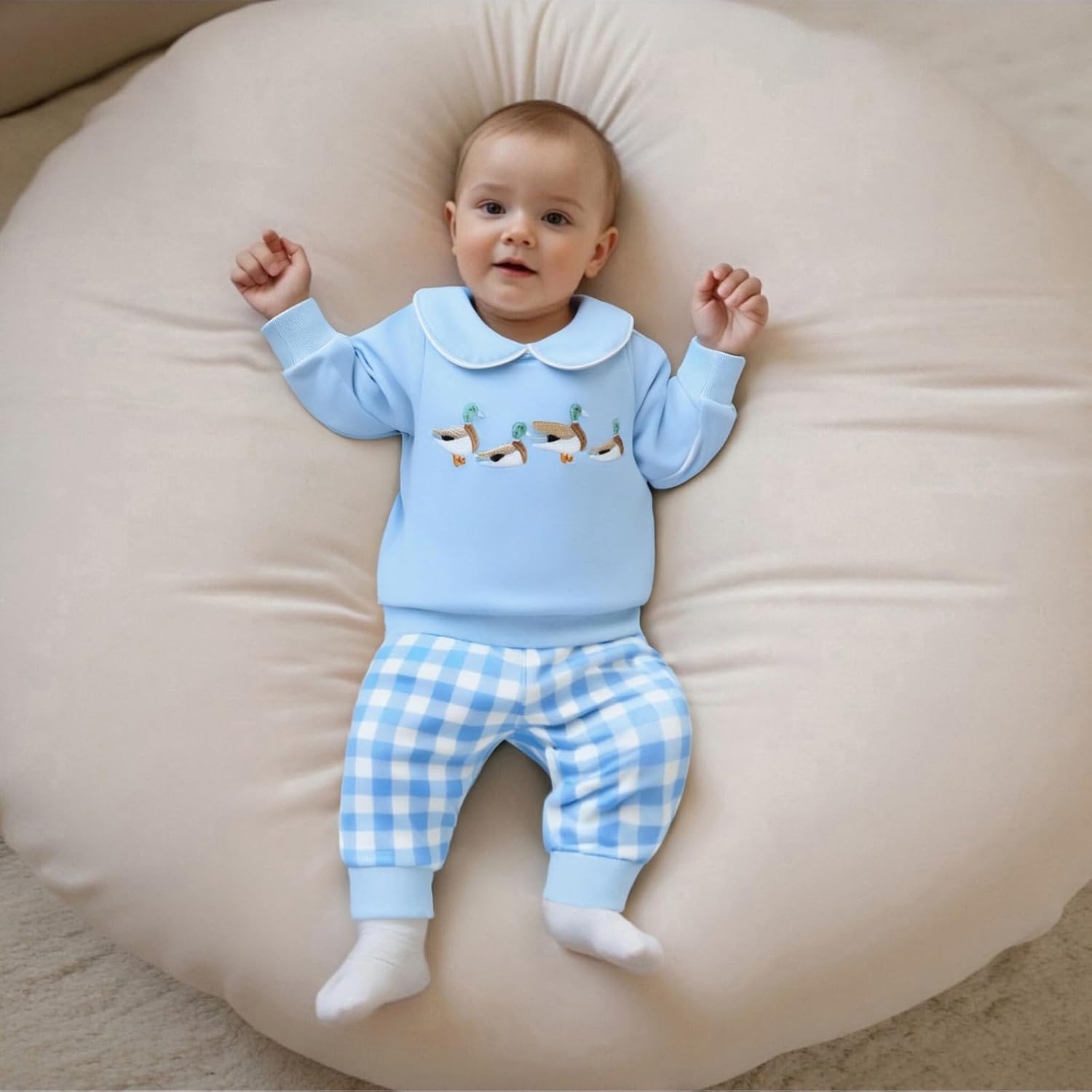 Bagilaanoe Infant Baby Boy Fall Long Sleeve Sweatshirt Pullover and Plaid Pants Outfit Mallard Duck Embroidery Clothes Set - Image 3