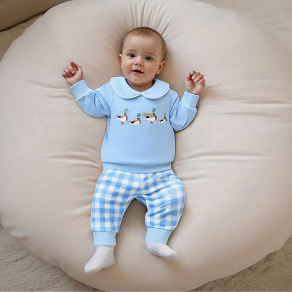 Bagilaanoe Infant Baby Boy Fall Long Sleeve Sweatshirt Pullover and Plaid Pants Outfit Mallard Duck Embroidery Clothes Set
