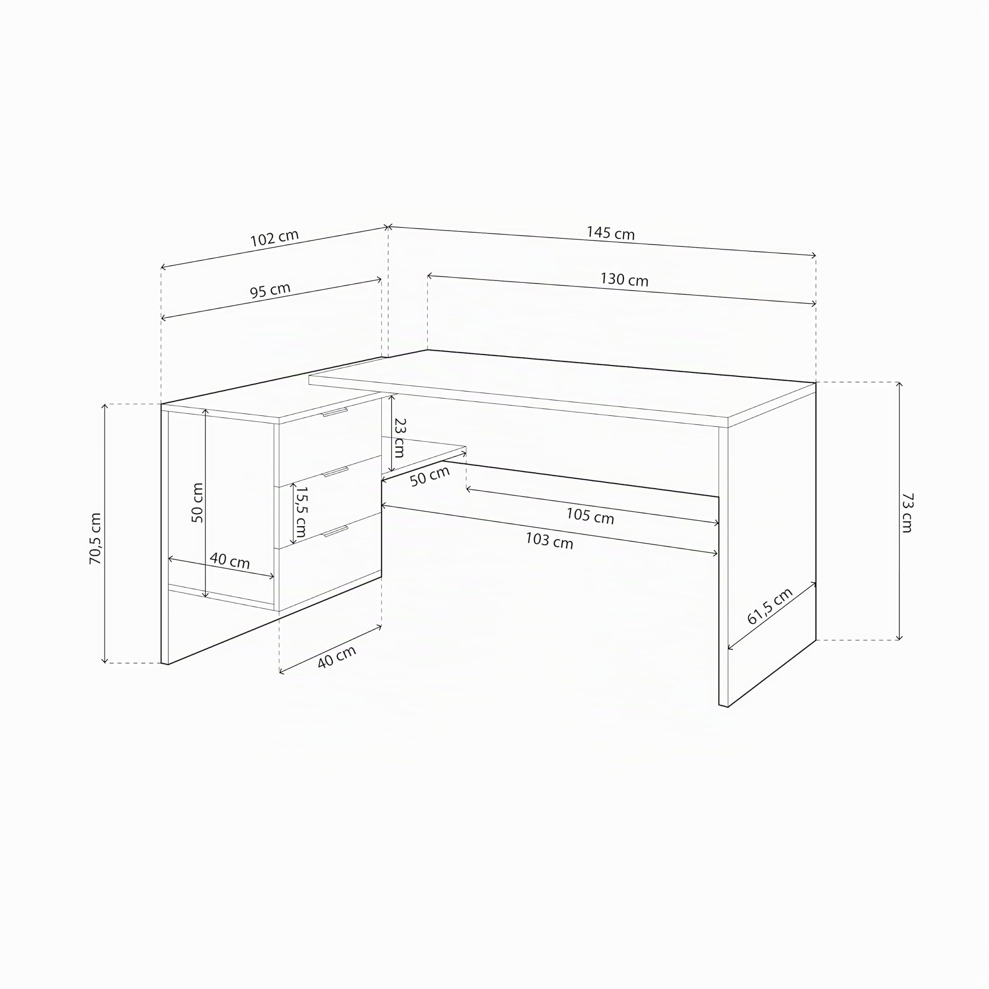 duehome | Escritorio con Cajonera, Mesa de Oficina, Modelo Office Work, Acabado en Blanco Artik y Roble Cananadian, Medidas: 145 cm (Largo) x 102 cm (Fondo) x 73 cm (Alto)