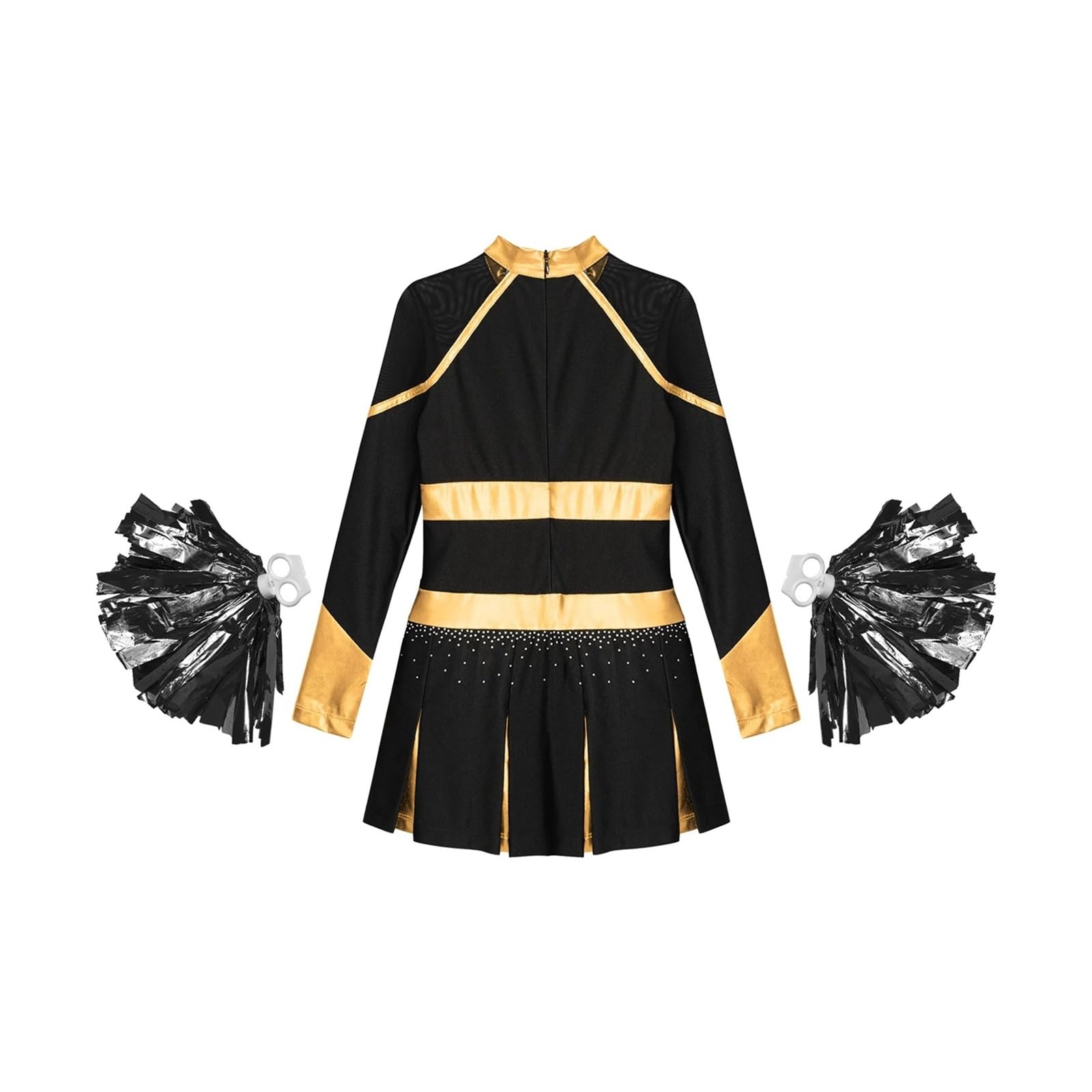 Costume Cheerleader Donna Costume da Ballo Uniforme da Cheerleader Abito Pieghettato a Maniche Lunghe Metallizzato con Strass con 2 Fiori a Mano(Blue A,16)