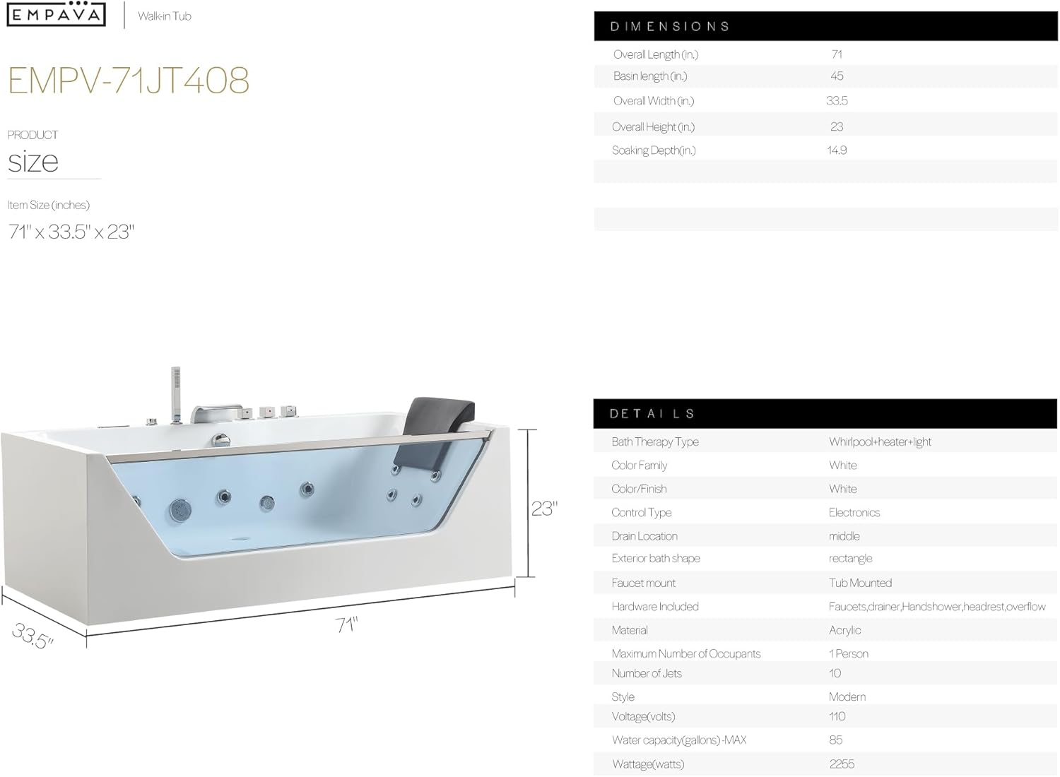 Detailed diagram showing the dimensions of the Empava 71-inch whirlpool bathtub, including length, width, and height.