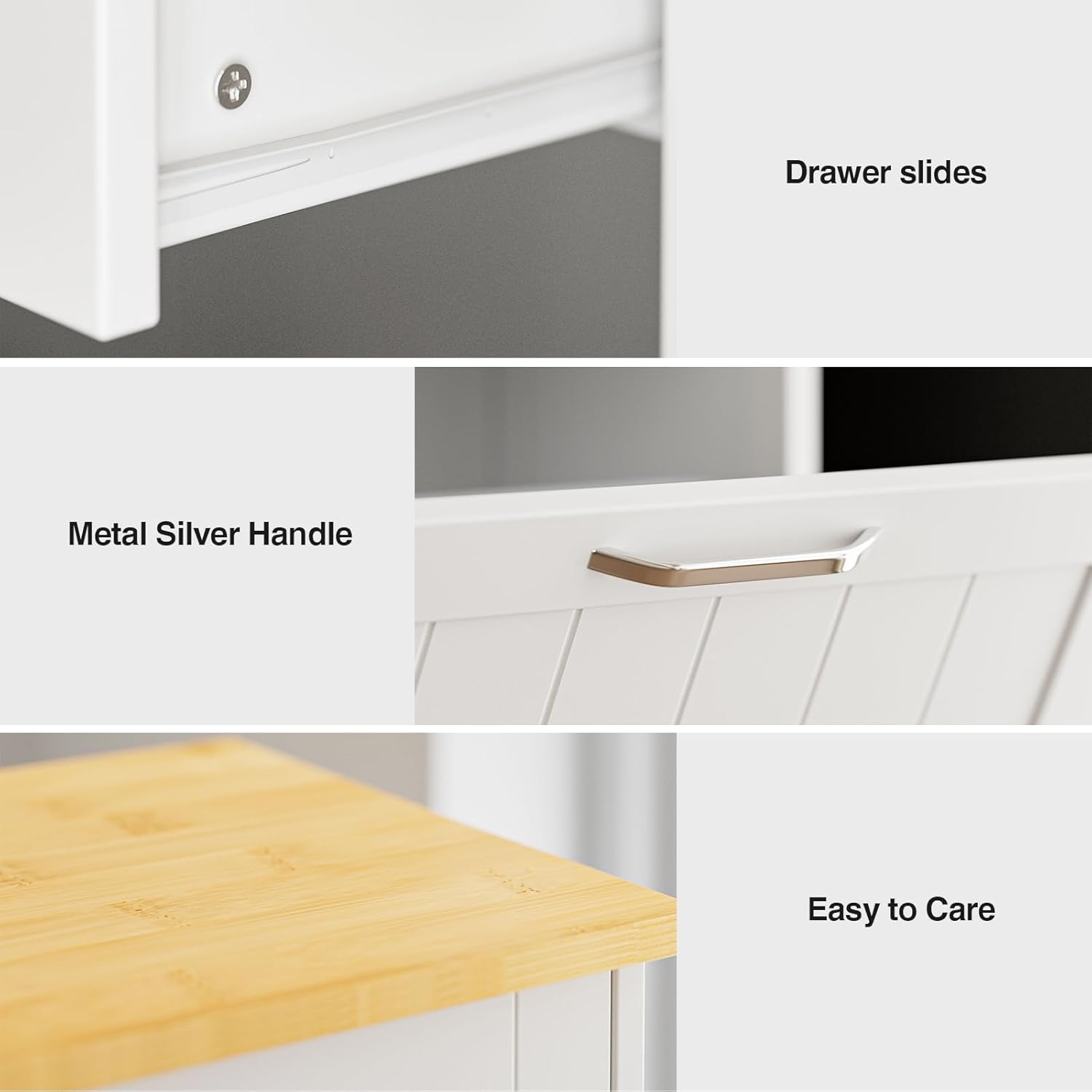 Close-up details of drawer slides, metal handle, and easy-care top of the trash cabinet