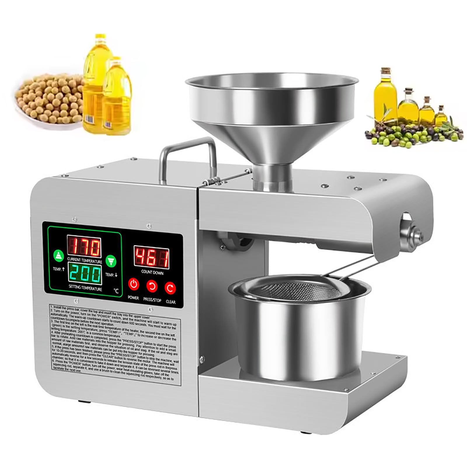 Eoweiot Electric Oil Press Machine, 820W Cold Hot Oil Maker with LED Display, Temperature 40-240℃ Adjustable,for Sesame, Canola, Flax