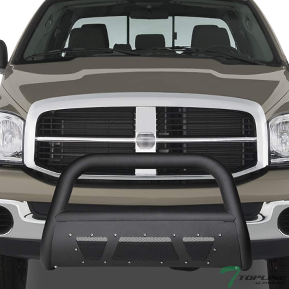Matte Black Studded Mesh Bull Bar Brush Push Front Bumper Grill Grille Guard with Skid Plate Compatible with 06-08 Dodge Ram 1500