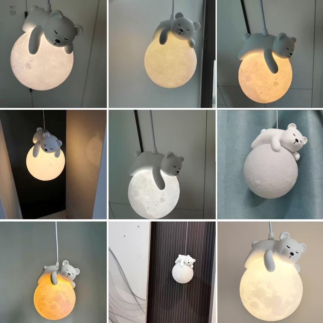 Lámpara Colgante de Luna 3D Con Oso Durmiente - Lámpara de Techo Creativa y Decorativa Para Dormitorio y Habitación de Niños