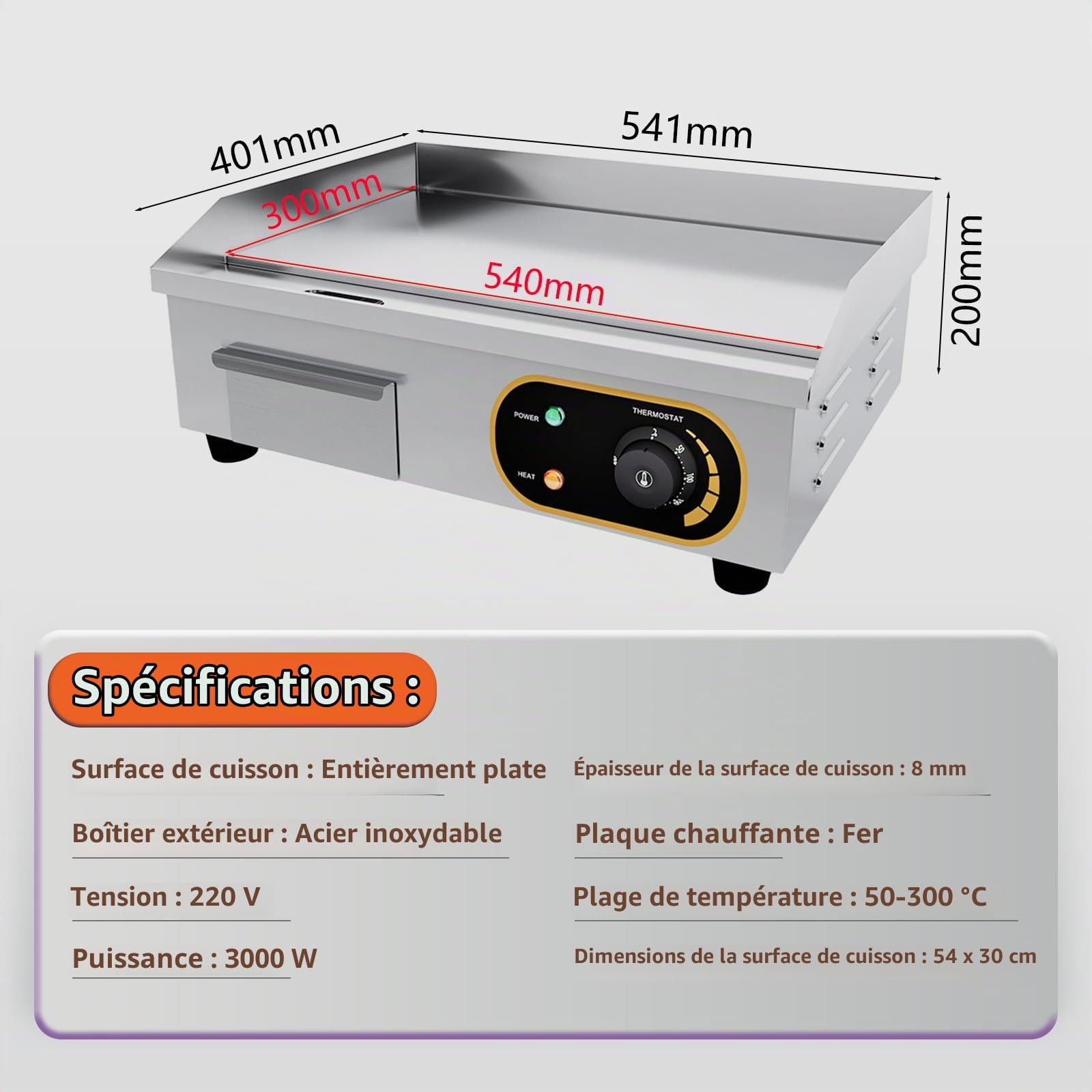 Plancha professionnelle électrique Plaque Inox lisse protection de gril 3000W, protection antiéclaboussures, 50-300 °C, et bac à graisse
