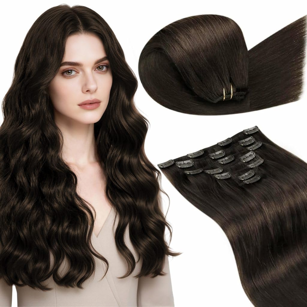 LaaVoo Clip in Hair Extensions Real Human Hair Brown Human Hair Clip in Extensions Dark Brown Hair Extension Clip ins Silky Straight Full Head 16 Inch