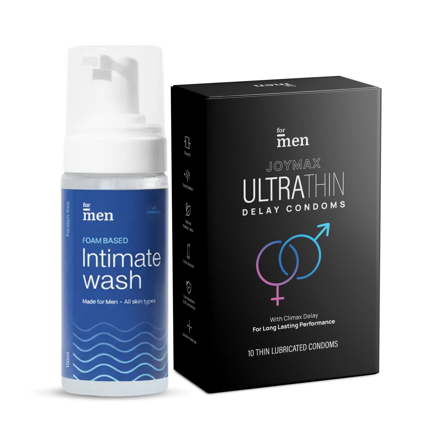 ForMen Ultra Thin Delay Condoms 10-Count With Foam Based Intimate Wash For Men | Made With Premium Natural Latex | Long Lasting And pH Balanced Foaming Hygiene Wash Hygiene