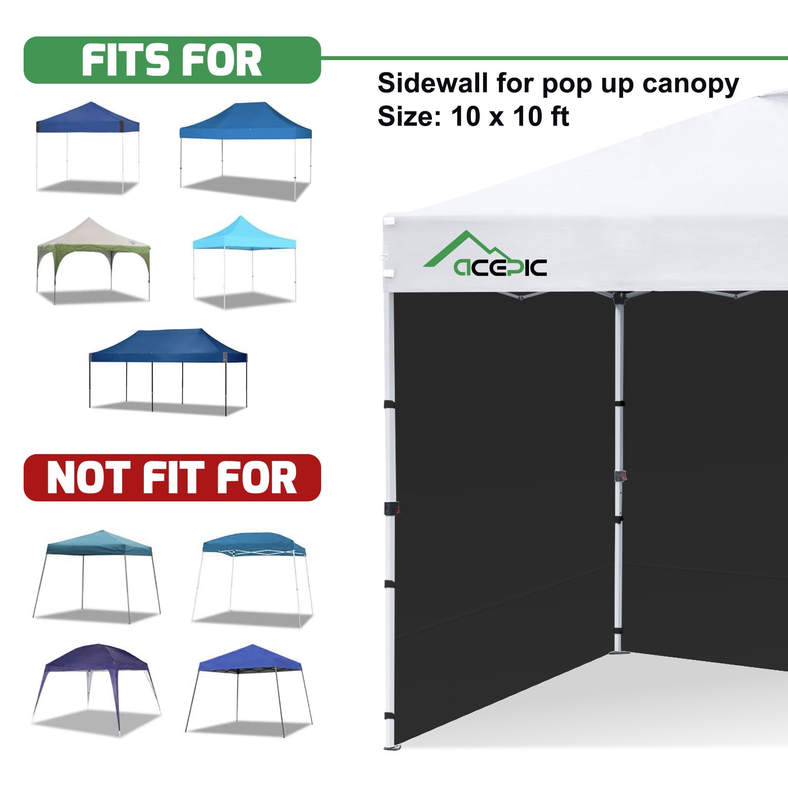 Acepic 3 Pezzi Pannelli Laterali per Gazebo 3x3m, Tessuto Oxford 210D Impermeabile, da Giardino, Esterni, Feste, Bianco(Tenda a baldacchino NON inclusa) (Nero, 3PCS)