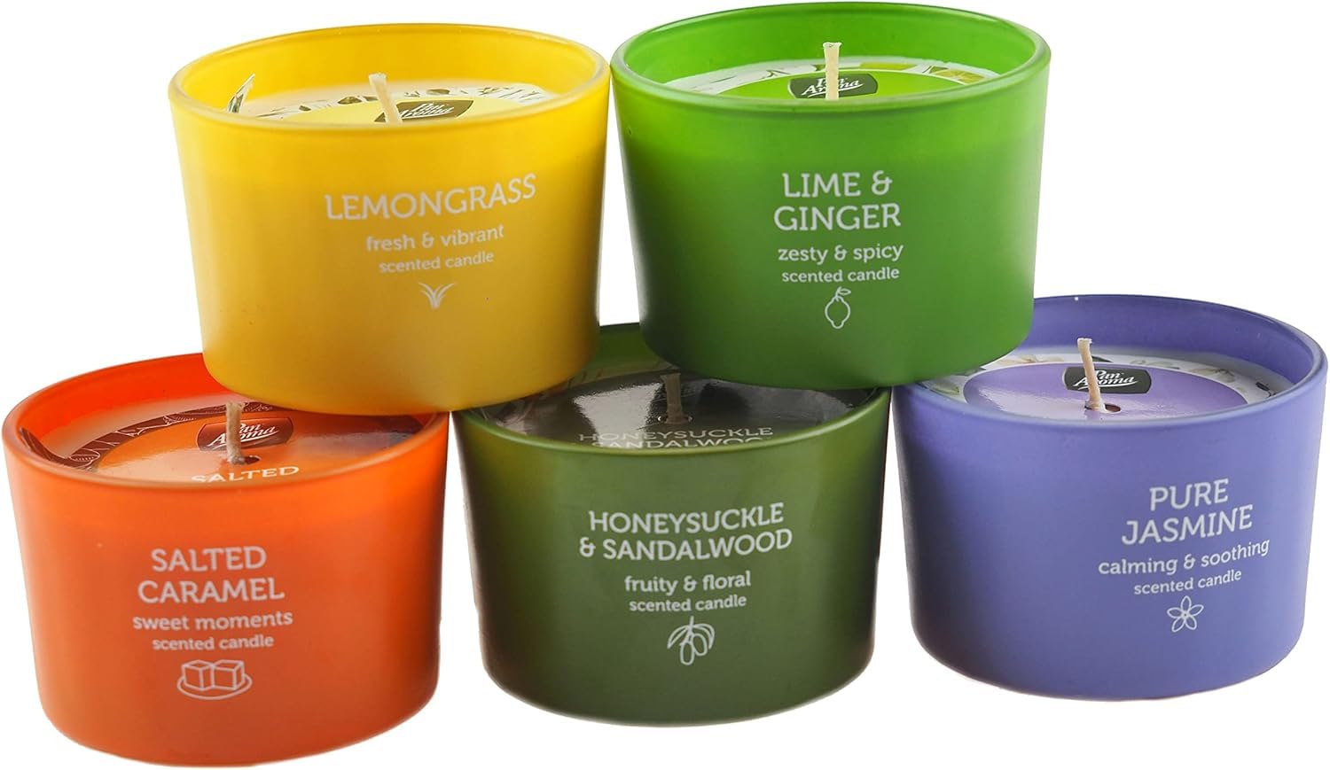 Pan Aroma 5 Glass Jar Scented Candles - Lemongrass, Lime Ginger, Jasmine, Sandalwood